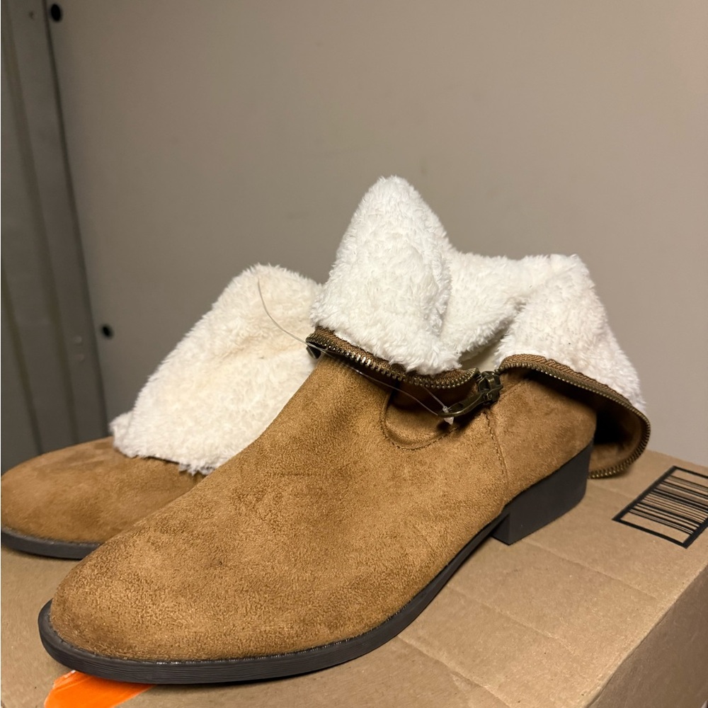 Tan Suede Ankle Boots with White Fur Lining
